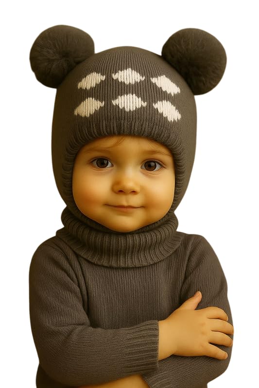 Krystle Kids Winter Knitted Balaclava Hat with Pom Poms | Warm Woolen Ski Mask for Boys & Girls (Grey,1-4 Years) - Image 4