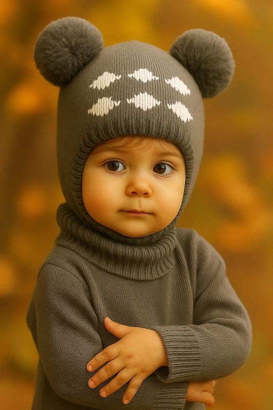 Krystle Kids Winter Knitted Balaclava Hat with Pom Poms | Warm Woolen Ski Mask for Boys & Girls (Grey,1-4 Years) - Image 3