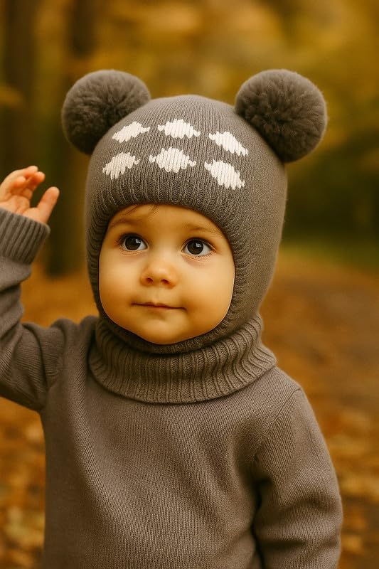 Krystle Kids Winter Knitted Balaclava Hat with Pom Poms | Warm Woolen Ski Mask for Boys & Girls (Grey,1-4 Years) - Image 2