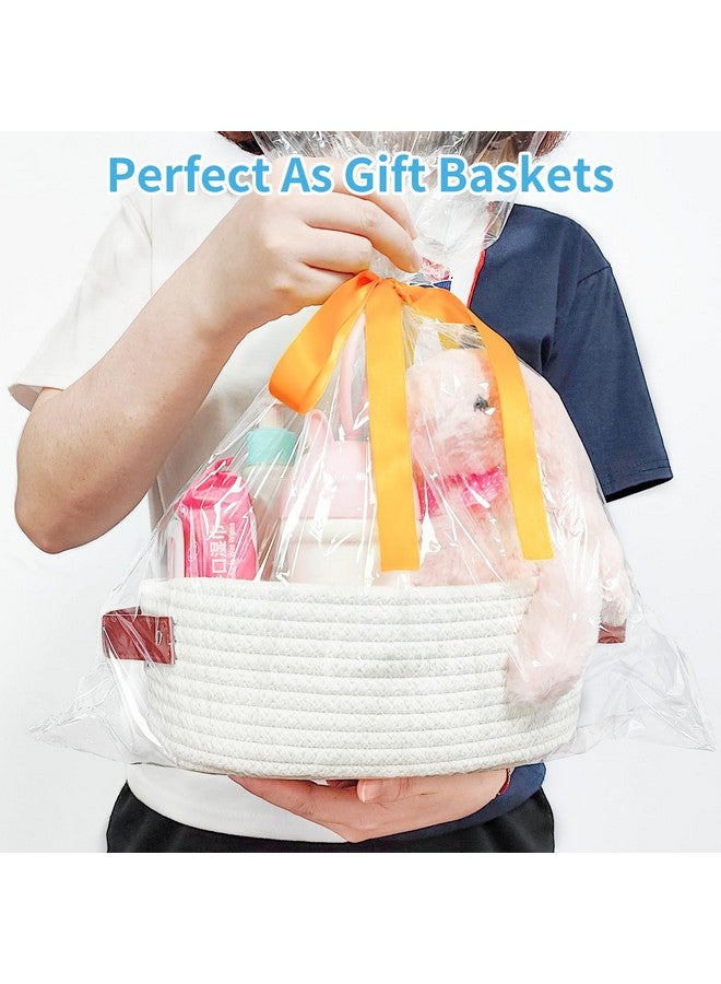 ABenkle Small Woven Basket, Mini Cotton Rope Storage Tiny Shelf Oval Decorative Toy Dog Cat Bin for Nursery, Empty Gift Basket with Gift Bags and Ribbon - White - Image 3