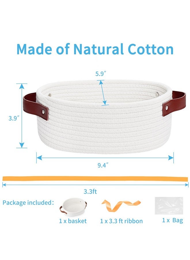 ABenkle Small Woven Basket, Mini Cotton Rope Storage Tiny Shelf Oval Decorative Toy Dog Cat Bin for Nursery, Empty Gift Basket with Gift Bags and Ribbon - White - Image 2