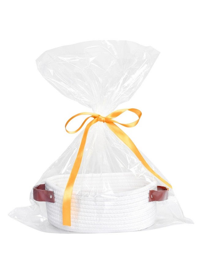 ABenkle Small Woven Basket, Mini Cotton Rope Storage Tiny Shelf Oval Decorative Toy Dog Cat Bin for Nursery, Empty Gift Basket with Gift Bags and Ribbon - White - Image 1