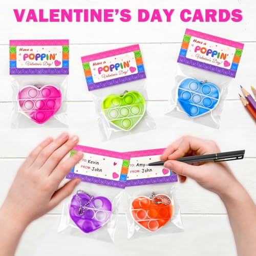 Wondrus Holiday Gifts Exchange Cards for Classroom Kids 28 Pcs Heart Pop Fidget Toys with Keychains for Preschool ToddlersNon Candy Party Favors Goodie Bag Stuffers for Kindergarten Boys Girls - Image 5