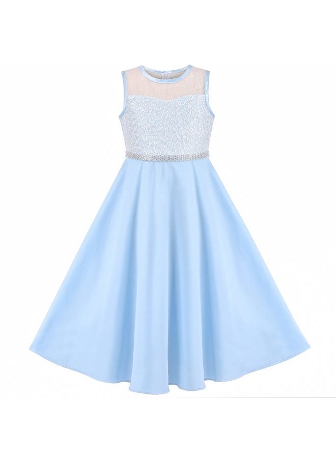 Sunny Fashion - Girls Dress Blue Rhinestone Chiffon Bridesmaid Dance Party Maxi Gown Size 12 - Image 1