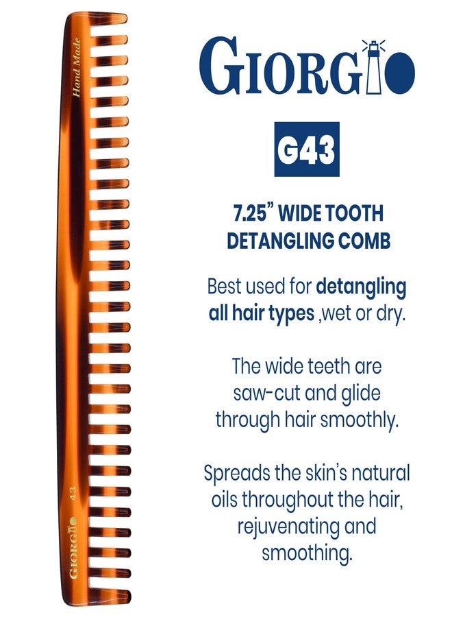 Giorgio G43 Large 7.25 Inch Detangling Comb, Wide Teeth for Thick Curly Wavy Hair. Long Hair Detangler Comb For Wet and Dry. Handmade of Quality Cellulose, Saw-Cut, Hand Polished, Tortoise Shell - Image 2