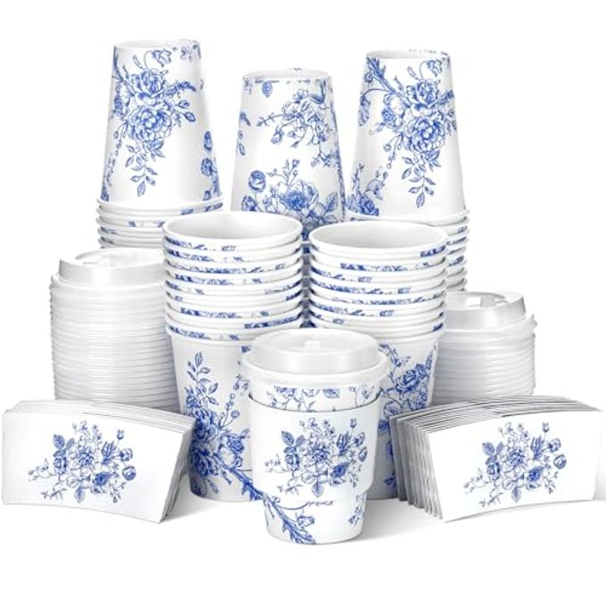 Vesici 60pcs 14oz Blue and White Disposable Coffee Cups with Lids and Sleeves Chinoiserie Floral Coffee Cup Botanical Herb Paper Cup for Spring Summer Birthday Wedding Bridal Shower Tea Party Supplies