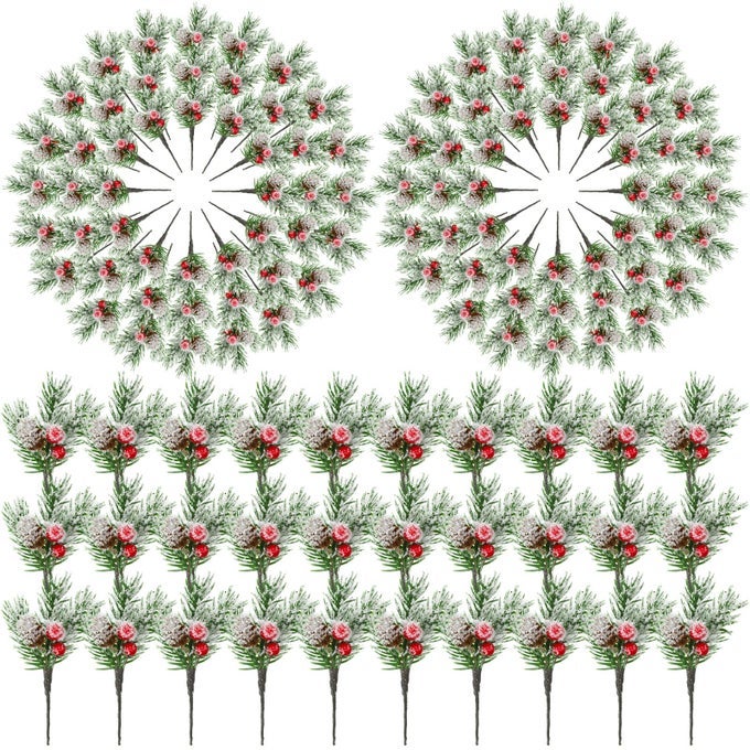 96 PCS CHRISTMAS PICKS AND SPRAYS CHRISTMAS TREE FLORAL PICKS HOLLY RED BERRY STEM SPRAY GREENERY FOR CRAFT ARTIFICIAL FAUX PINE BRANCHES CONE BRANCHES FOR TREE HOME DECOR GARLAND WREATH FRESH