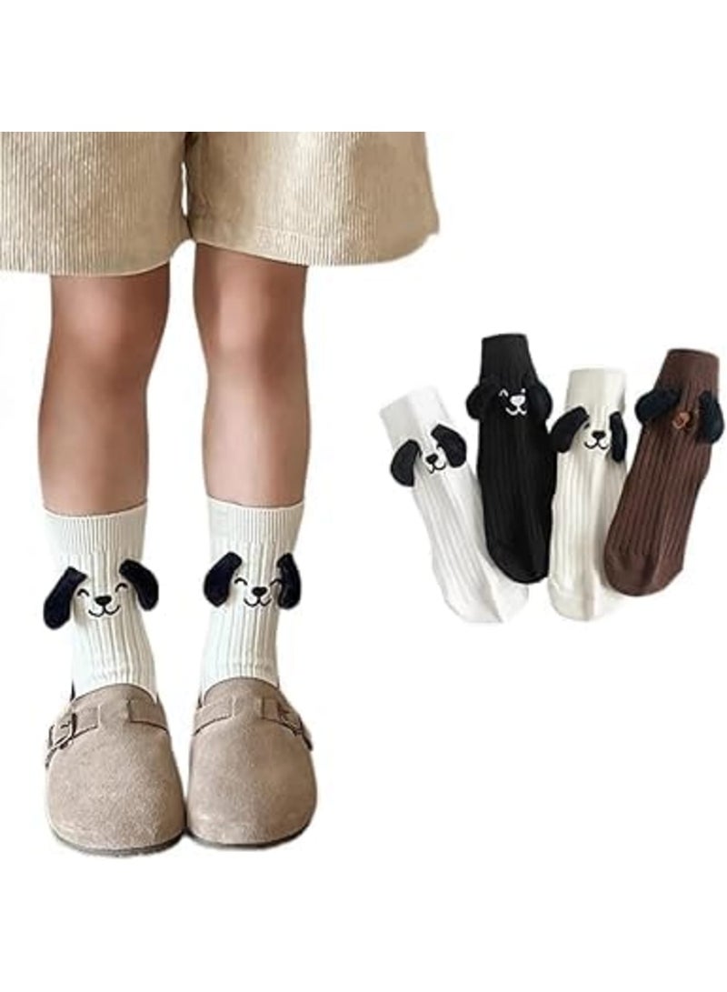 Luckam 4Pcs Children's Animal Socks, Cute Dog Sock Set, Cotton Mid-Calf Toddler Sock for Boys and Girls, Spring and Autumn Footwear, Dog Ear Crew, Soft Everyday Wear (White) - Image 1