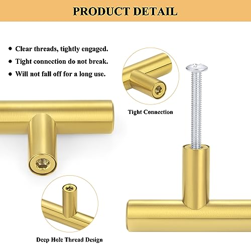 Plustool 30Pack 3''Hole Centers Gold Cabinet Handles-Brushed Brass Cabinet Pulls Gold Dresser Drawer Pulls-Stainless Steel Door Hardware for Kitchen Bathroom Bedroom Furniture-5''Overall Length - Image 3