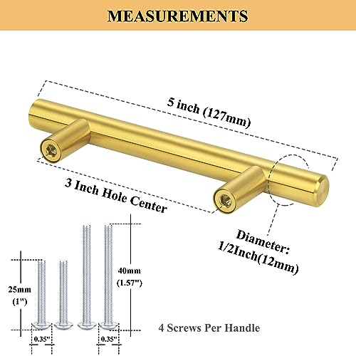 Plustool 30Pack 3''Hole Centers Gold Cabinet Handles-Brushed Brass Cabinet Pulls Gold Dresser Drawer Pulls-Stainless Steel Door Hardware for Kitchen Bathroom Bedroom Furniture-5''Overall Length - Image 2