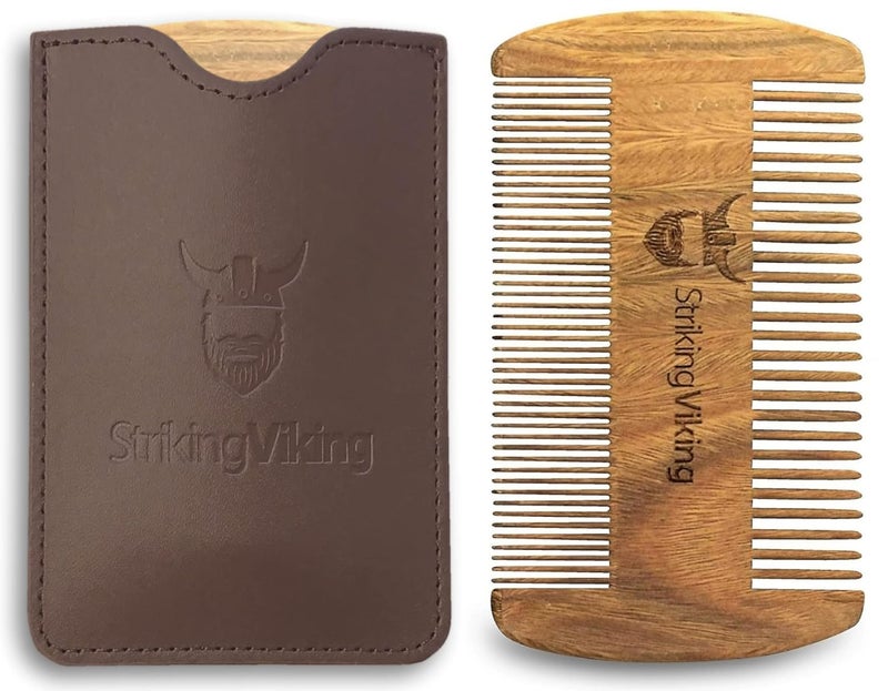 Striking Viking Sandalwood Beard Comb  Case  PocketSized Grooming Tool with Fine  Coarse Teeth Perfect for Use with Balms  Oils