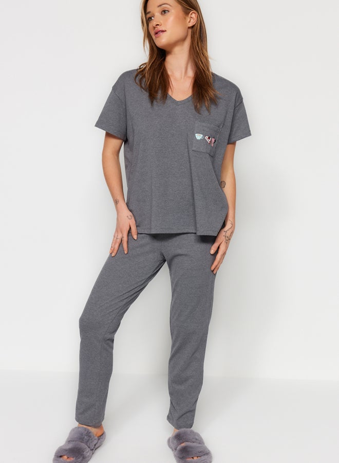 trendyol Grey 100% Cotton Pocket Printed Wide Cut T-shirt-Pants Knitted Pajama Set  - Image 1