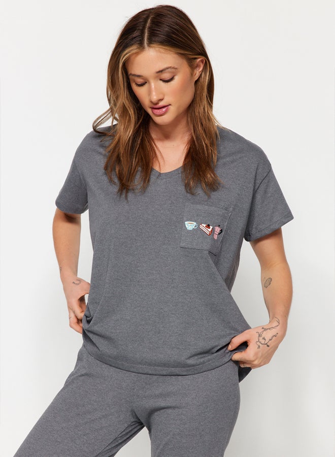 trendyol Grey 100% Cotton Pocket Printed Wide Cut T-shirt-Pants Knitted Pajama Set  - Image 2