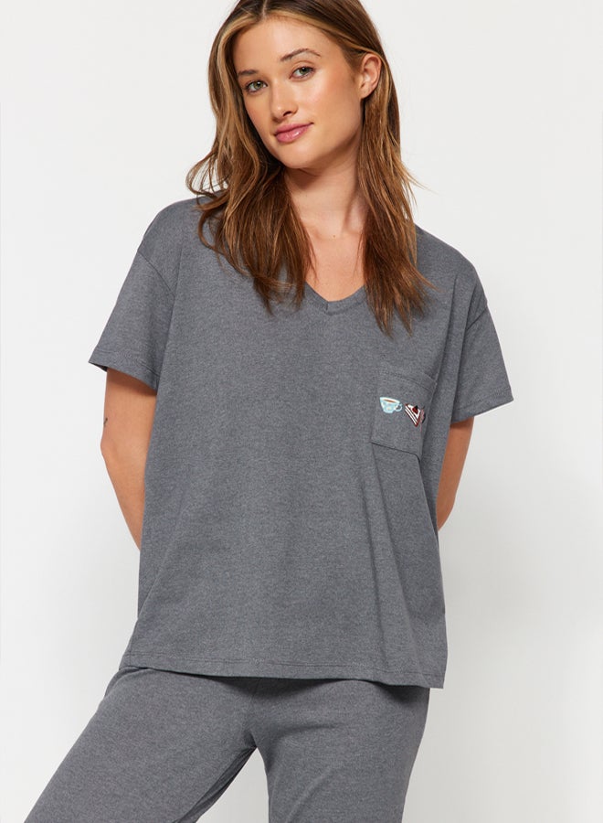 trendyol Grey 100% Cotton Pocket Printed Wide Cut T-shirt-Pants Knitted Pajama Set  - Image 3