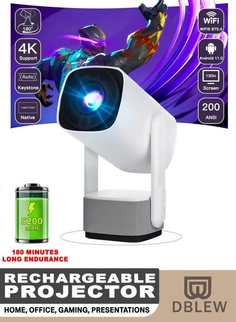 DBLEW Rechargeable 5000 Lumens HD Smart Projector Portable Mini Cinema 150 Inches Screen Display Home Movie Theatre Gaming Video Presentations 230 Degree Rotating Screen Mobile Phone Projection - Image 1