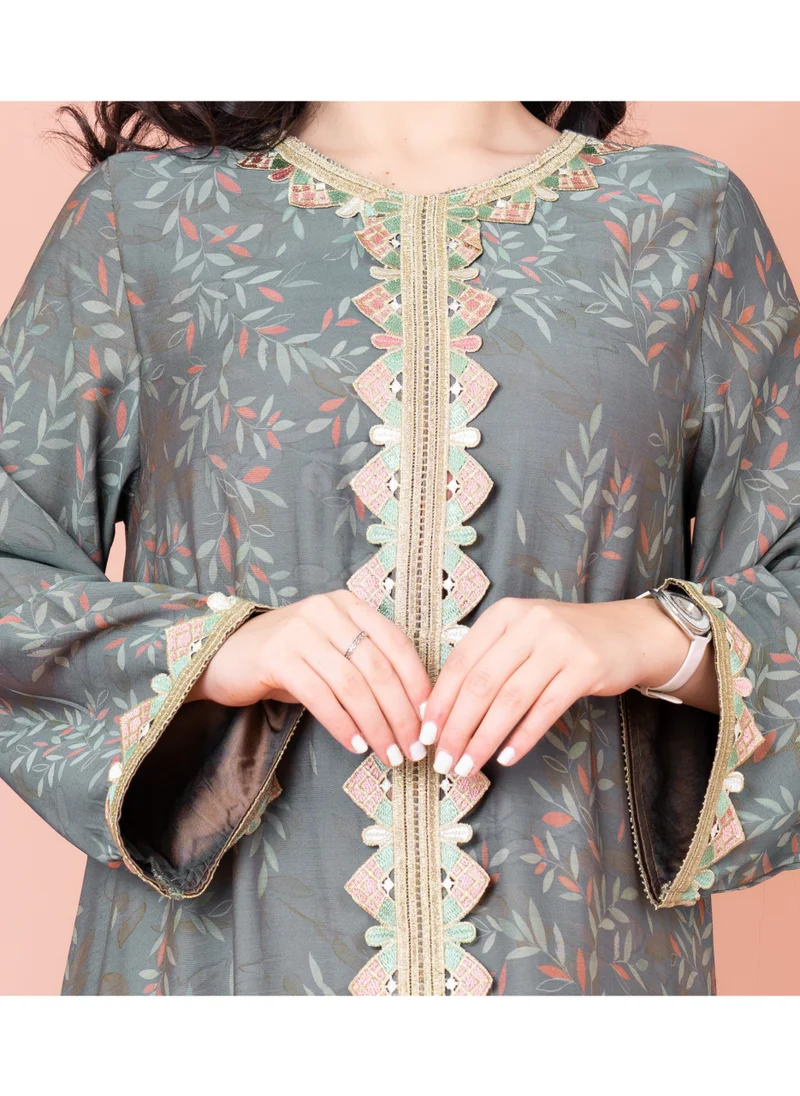 IKKXA Modern Embroidered Printed Jalabiya IK1032 Grey