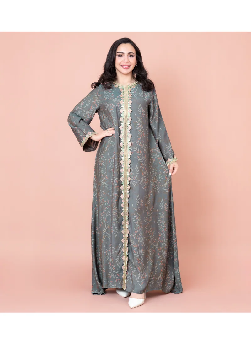 IKKXA Modern Embroidered Printed Jalabiya IK1032 Grey