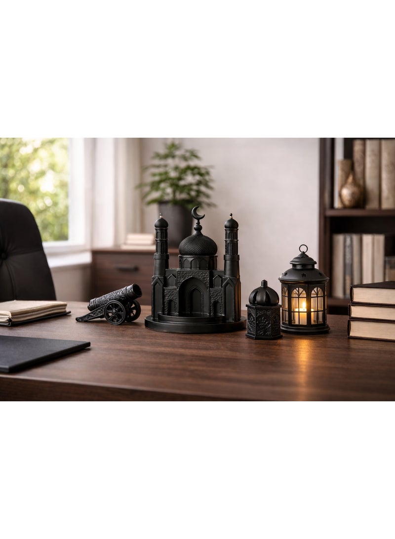 طقم ديكور رمضاني فاخر – 3 قطع ريزن + فانوس ديكور معدني أسود (18 × 12 سم) | جامع + قبة جامع + مدفع رمضاني | ديكور منزلي | زينة رمضان للمنزل - Image 1