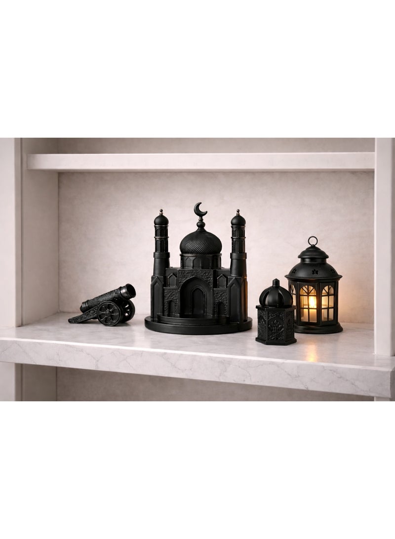 طقم ديكور رمضاني فاخر – 3 قطع ريزن + فانوس ديكور معدني أسود (18 × 12 سم) | جامع + قبة جامع + مدفع رمضاني | ديكور منزلي | زينة رمضان للمنزل - Image 2