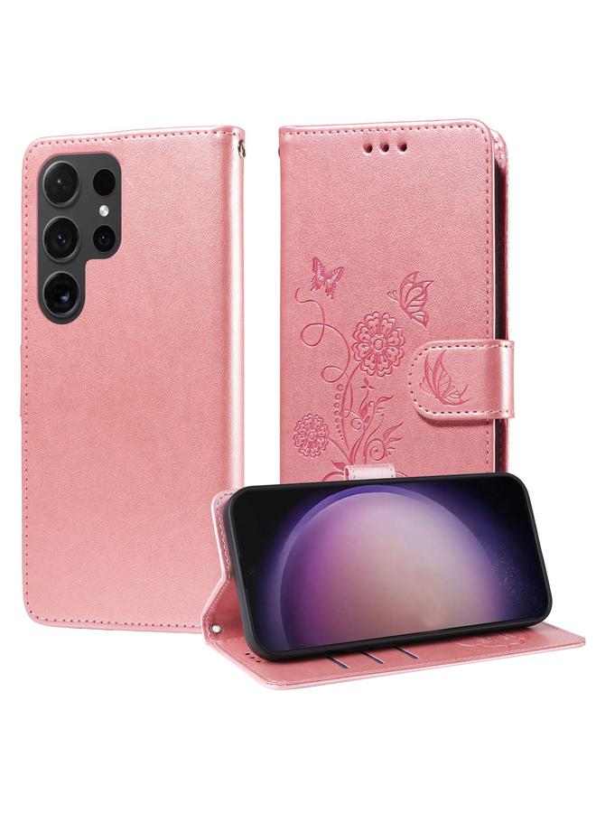 اس-توب جراب لهاتف Samsung Galaxy S24 Ultra 5G، جراب هاتف جلدي منقوش عليه زهور الفراشة - Image 1