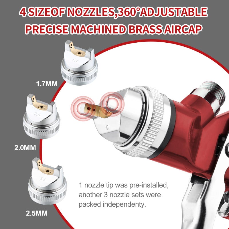 BENTOHKLE HVLP Gravity Feed Spray Gun with 4 Nozzles 1.4/1.7/2.0/2.5mm and 1000cc Aluminum Cup, Automotive Paint Gun Car Paint Spray Gun for Auto Paint, Primer, Clear/Top Coat - Image 2