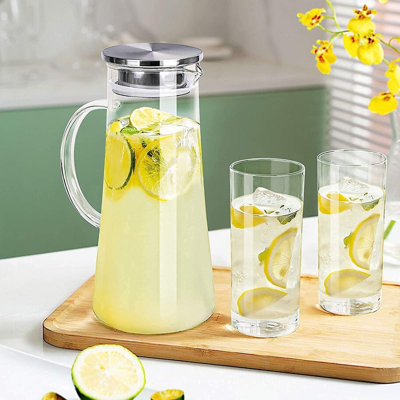 ConvertKitchen 1.3 Liter Glass Pitcher with Stainless Steel lid iced Tea Pitcher Water jug (Set of 1)  - Image 1