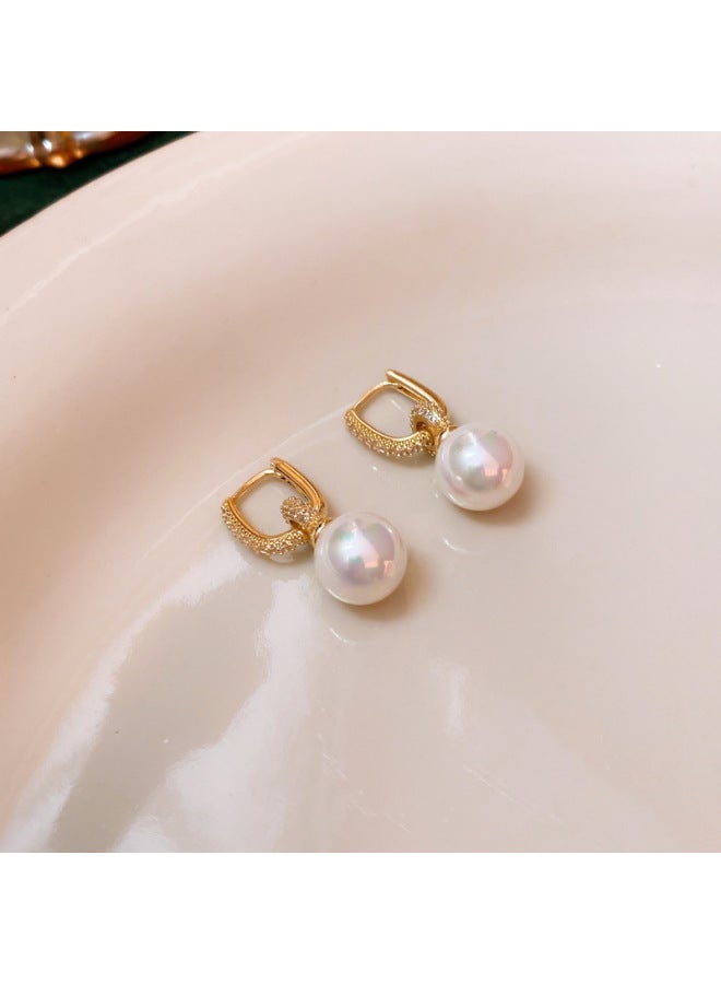 Real Gold Electroplated Silver Needle Zircon Double Ring Pearl Oval Earrings Fashion Retro Light Luxury Elegant Earrings New Earrings