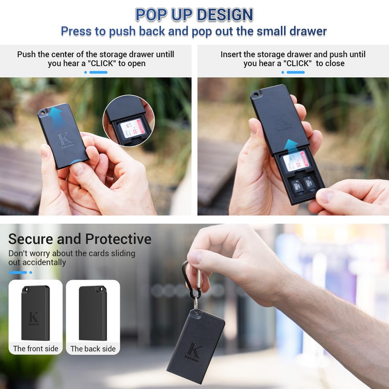 Kiorafoto حافظة بطاقات الذاكرة الصغيرة المنبثقة لـ 2 بطاقة SD SDHC SDXC و 4 بطاقة TF MicroSD MSD مع حلقة تعليق، حافظة بطاقات Micro SD المحمولة المقاومة للصدمات والرش، منظم حافظ تخزين - Image 3