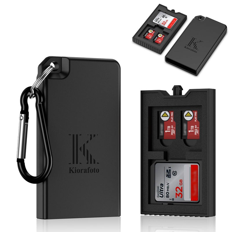 Kiorafoto حافظة بطاقات الذاكرة الصغيرة المنبثقة لـ 2 بطاقة SD SDHC SDXC و 4 بطاقة TF MicroSD MSD مع حلقة تعليق، حافظة بطاقات Micro SD المحمولة المقاومة للصدمات والرش، منظم حافظ تخزين - Image 1