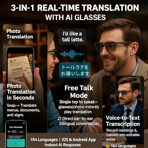 VR SHINECON AI Translation Sun Glasses Smart Voice & Photo Translator, Dual Touch Control, Auto On/Off, 164 Languages, Bluetooth 5.3, Lightweight Eyewear for Travel & Men - Image 3