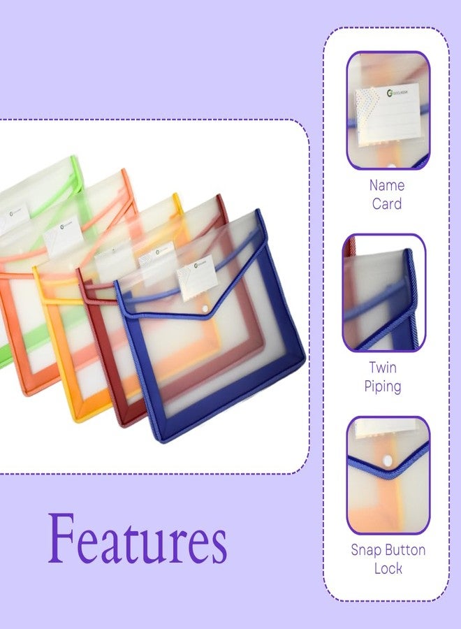 ال سي مجلدات ملفات بلاستيكية A4 بإغلاق بزر كبس - عبوة من 5 مجلدات متعددة الألوان، منظمات مستندات على شكل مغلفات بلاستيكية، مجلدات مشاريع شفافة مقاومة للماء مع جيب لوضع الملصقات، مناسبة للمدرسة والمكتب والمنزل - Image 3
