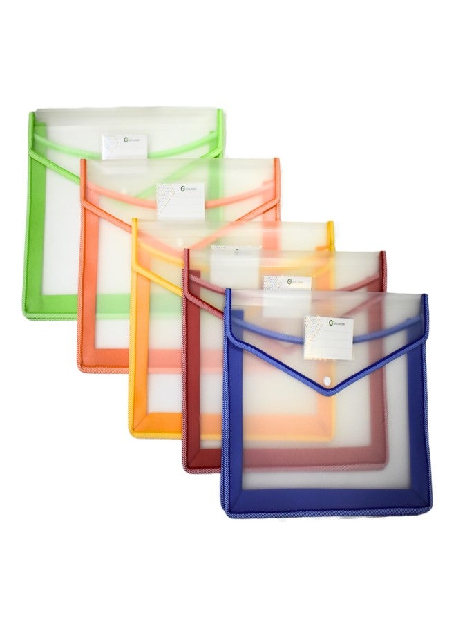ال سي مجلدات ملفات بلاستيكية A4 بإغلاق بزر كبس - عبوة من 5 مجلدات متعددة الألوان، منظمات مستندات على شكل مغلفات بلاستيكية، مجلدات مشاريع شفافة مقاومة للماء مع جيب لوضع الملصقات، مناسبة للمدرسة والمكتب والمنزل - Image 2