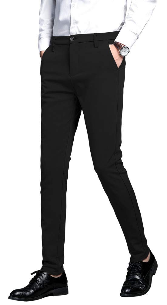 Plaid&Plain Men's Stretch Dress Pants Slim Fit Skinny Suit Pants 7101 Black 31W30L - Image 1