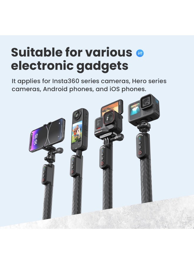 aMagisn Bluetooth Remote Selfie Stick Compatible with Insta360/GoPro/Smartphones – 10m Waterproof, 96H Battery, 4 Mount Options, Magnetic Charging, iOS & Android Control(Ball head three-prong) - Image 5