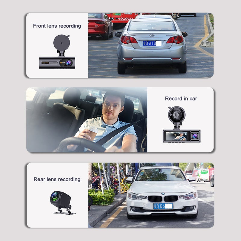 2.5K Car DVR Dash Camera Front & Inside & Rear 3-Lens Driving Recorder 3.16 Inch Screen Dashcam Built-in WiFi Support Night-Vision Loop Recording Collision Locking Reversing Image - Image 3