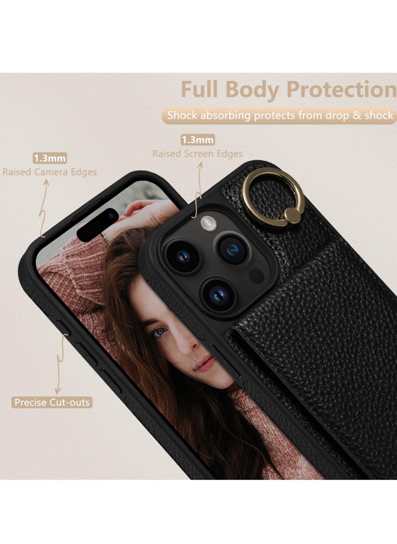 Crossbody Case for iPhone 15 Pro Max with RFID Blocking Card Slots, Detachable Lanyard Strap, 360°Ring Stand, Lychee Print iPhone 15 Pro Max Case (Black, 6.7'')  - Image 4