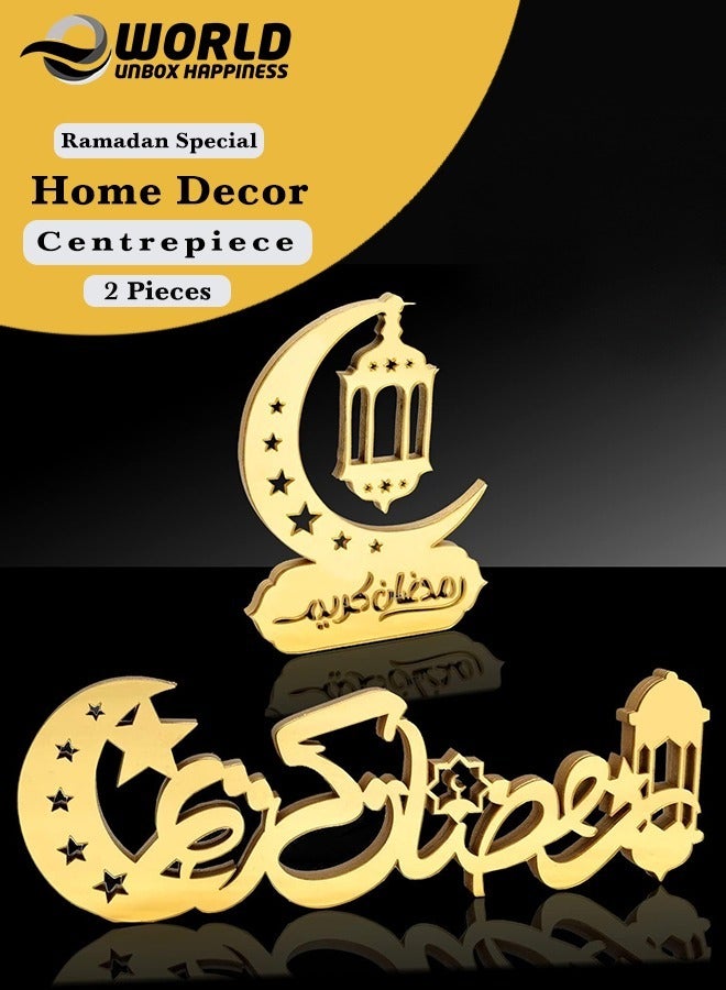 Eworld Pack of 2 Exquisite Acrylic Ramadan Tabletop Decor for Home Islamic Lightweight Craft Ornament Featuring Elegant Ramadan Kareem Calligraphy, Perfect Crescent Ornaments for Islamic Parties, in Gold - Image 1