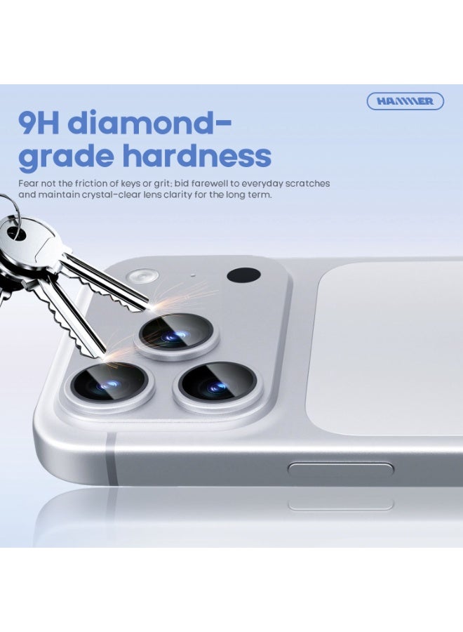 Hammer Camera Lens Protector for iPhone 17 Pro, robust scratch and drop protection, full coverage, 3D metal construction, case compatible, tempered glass camera cover, silver color. - Image 3