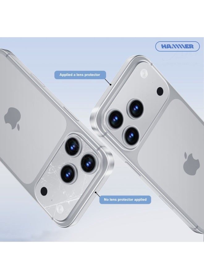 Hammer Camera Lens Protector for iPhone 17 Pro, robust scratch and drop protection, full coverage, 3D metal construction, case compatible, tempered glass camera cover, silver color. - Image 5