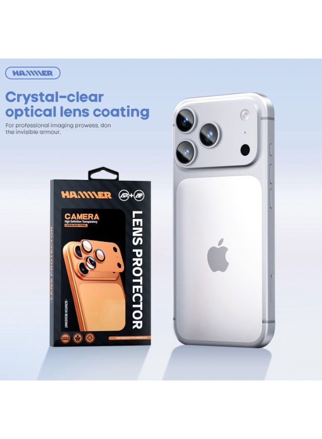 Hammer Camera Lens Protector for iPhone 17 Pro, robust scratch and drop protection, full coverage, 3D metal construction, case compatible, tempered glass camera cover, silver color. - Image 2
