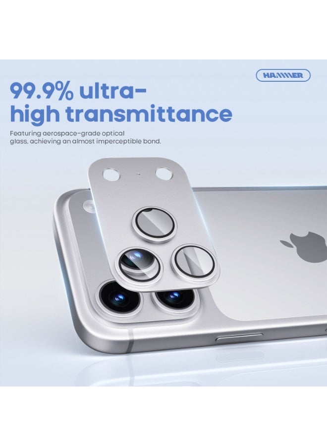 Hammer Camera Lens Protector for iPhone 17 Pro, robust scratch and drop protection, full coverage, 3D metal construction, case compatible, tempered glass camera cover, silver color. - Image 4