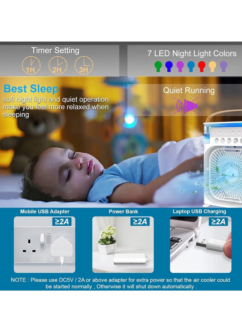 PRIMO PLUS - Portable Air Conditioner Fan Mini Evaporative Air Cooler with 7 Colors LED Light 1/2/3 H Timer 3 Wind Speeds and 3 Spray Modes for Office Home Dorm - Image 1