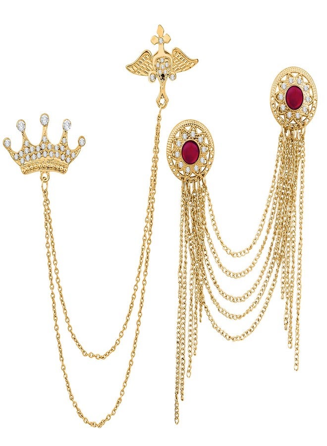 Mahi Combo of Layered Chains and Crown Shape Wedding Brooch with Maroon, White Crystals for Men (CO1105481G) - Image 1