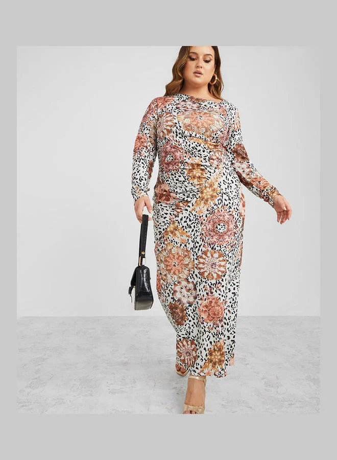 Styli Asymmetric Neck Animal Print Sheath Maxi Dress