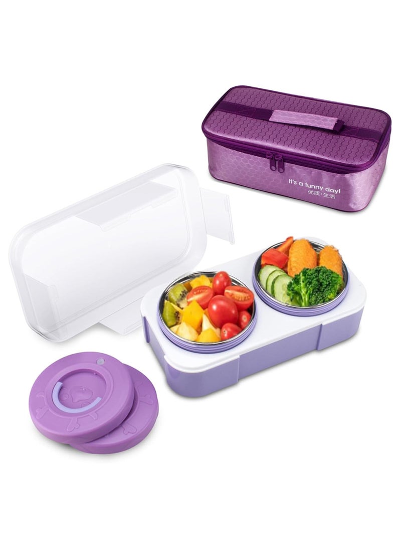 Yooyee Stainless Steel Lunch Box for Kid School, Insulated Bento Lunch Box with Bag, 2 Compartment Divided Lunch Containers with Lids, Leakproof, BFA Free, Dishwasher Safe, 800ML Purple - Image 1