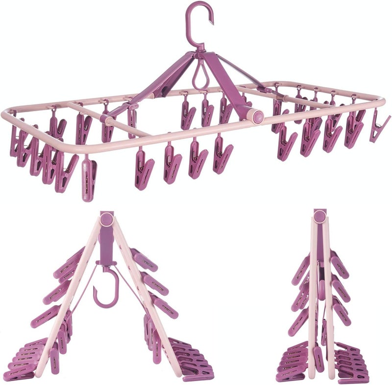 Foshine Foldable Clip Hangers with 32 Clothespin Drying Clips Underwear Hanger with Clips Plastic Laundry Clip Drip Drying Hanger for Socks Bras Lingerie Clothes Sturdy (Pink) - Image 1