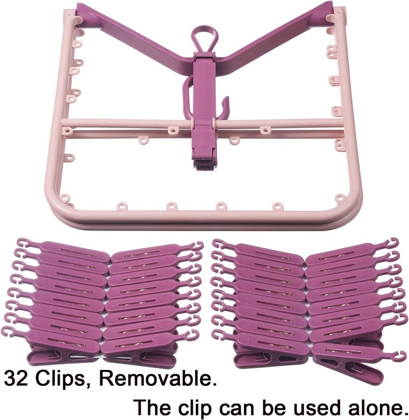 Foshine Foldable Clip Hangers with 32 Clothespin Drying Clips Underwear Hanger with Clips Plastic Laundry Clip Drip Drying Hanger for Socks Bras Lingerie Clothes Sturdy (Pink) - Image 3