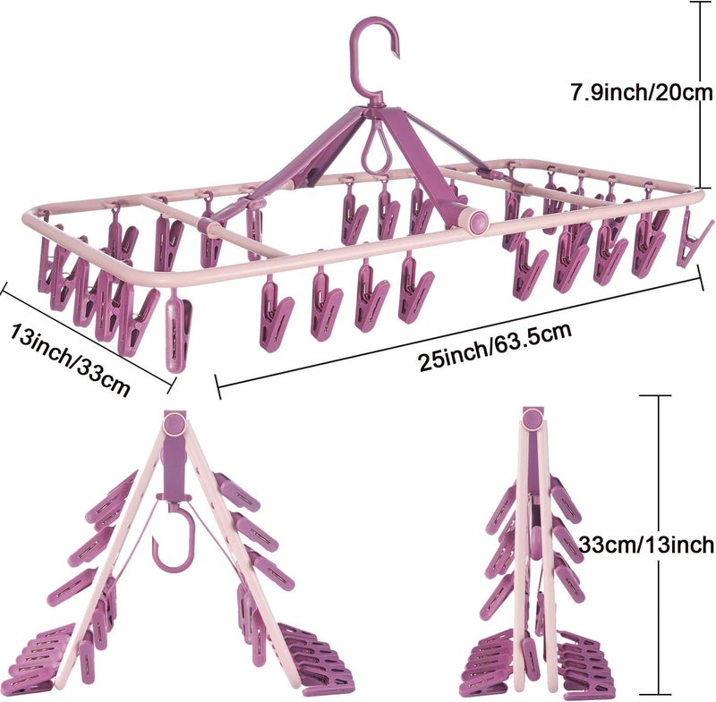 Foshine Foldable Clip Hangers with 32 Clothespin Drying Clips Underwear Hanger with Clips Plastic Laundry Clip Drip Drying Hanger for Socks Bras Lingerie Clothes Sturdy (Pink) - Image 2