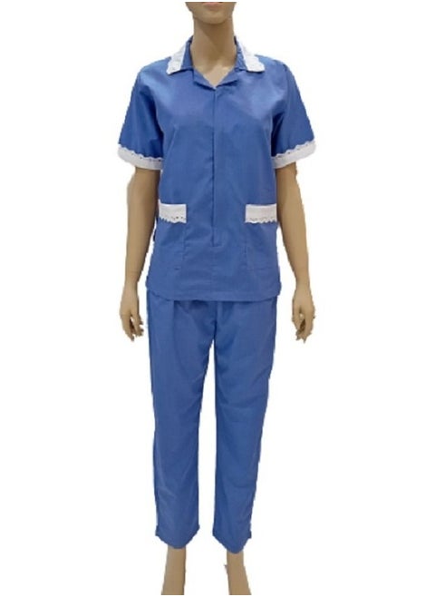 Maid Uniform with Zipper Top and Pants Blue Domestic Helper Uniform