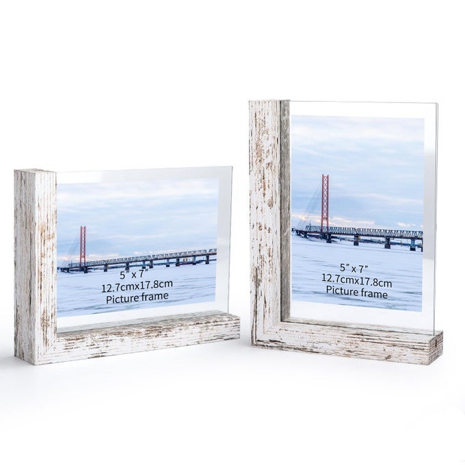 5x7 Picture Frames Set of 2 Double Sided Frame with Distressed White L Shaped Horizontal Vertical Holder Stand for 5 by 7 Photo Art Desktop or Tabletop Decor
